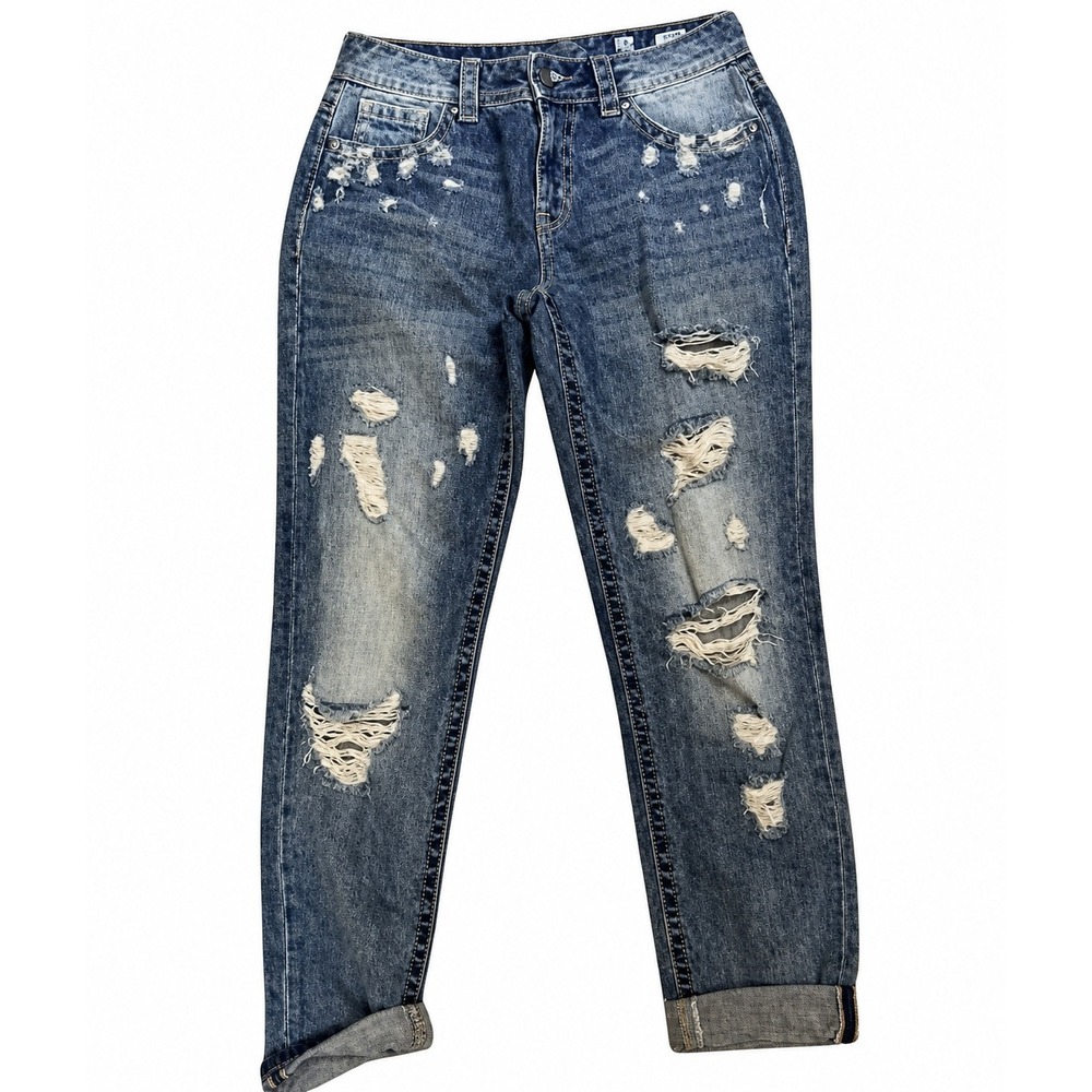 Miss Me Boyfriend Ankle Jeans 26 Blue Distressed Ripped Bleach Y2K Indie Sleaze
